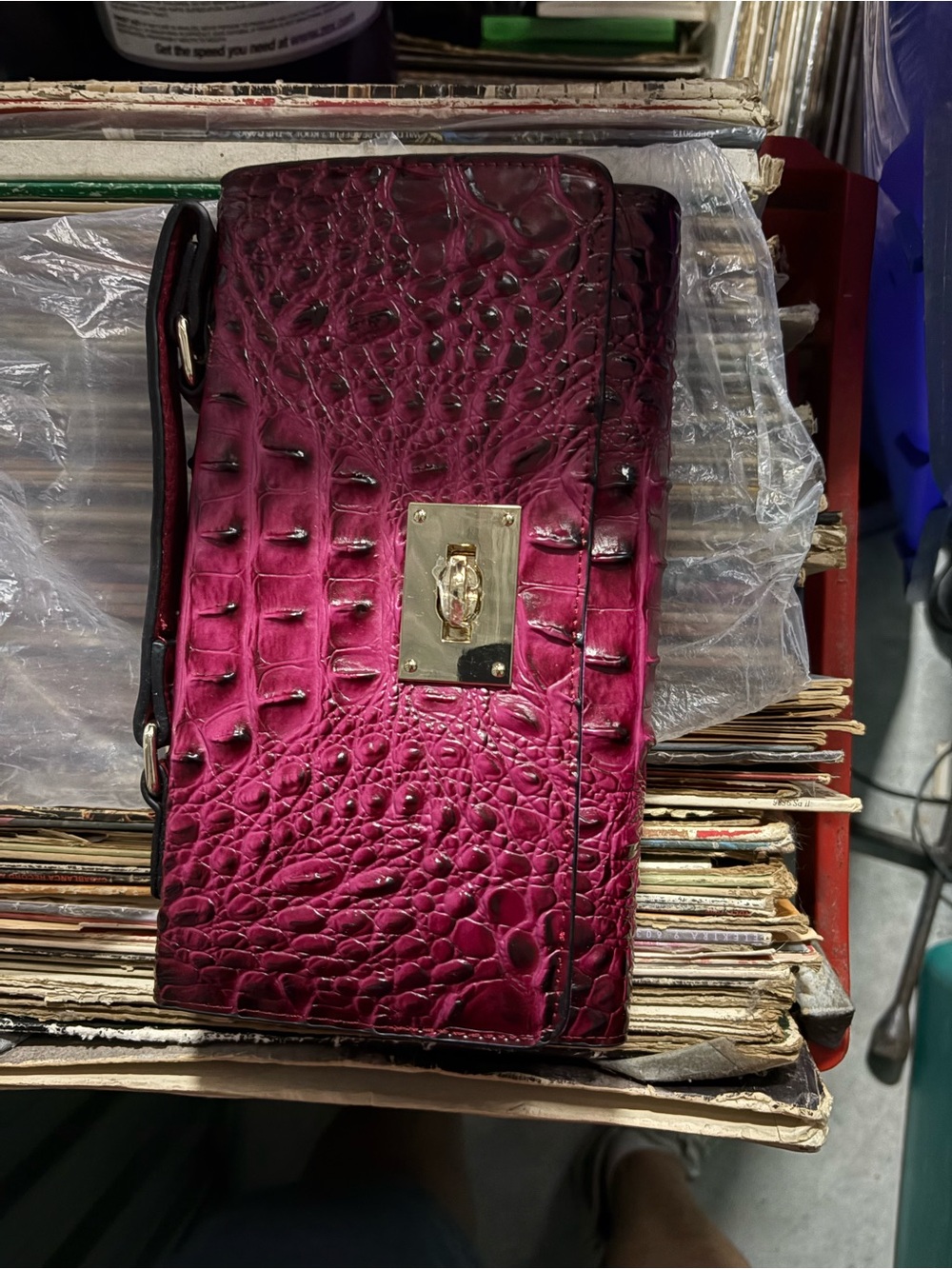 Croc-Embossed Structured Crossbody Bag in Plum